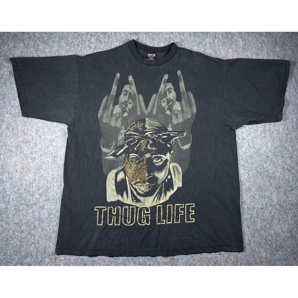Vintage‎ Tupac Thug Life Black Shirt Mens 2XL Bedazzled Griffin Active Wear Rare